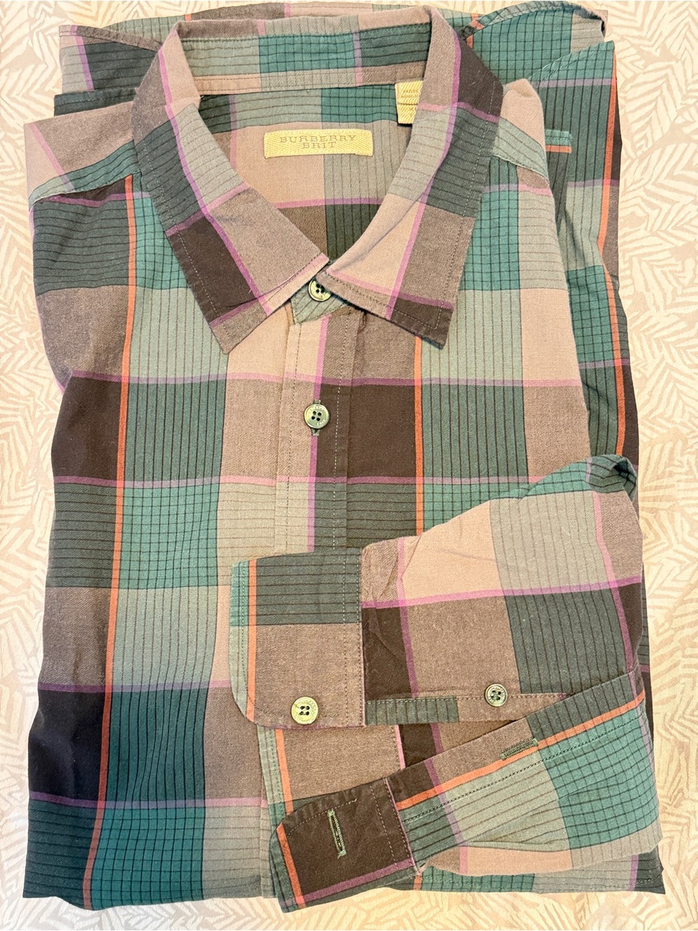 Burberry Plaid Button-Down Shirt in Teal, Brown & Pink Accents